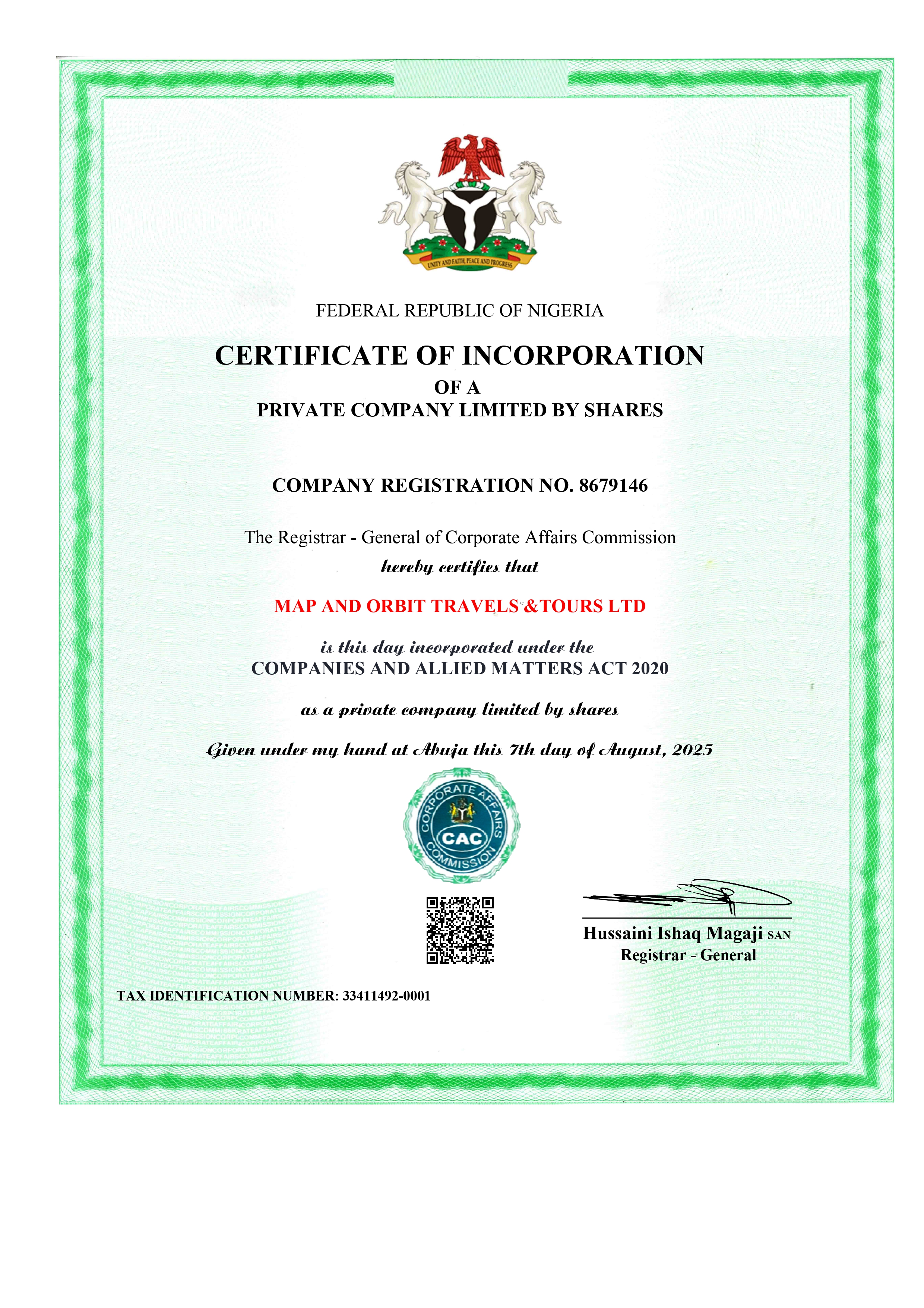 Certificate of Registration - Map & Orbit Travel & Tours